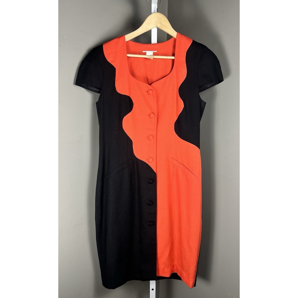 Vintage Color-Block Design Dress SZ 10 Knee Length Red Black 80's Rayon & Linen